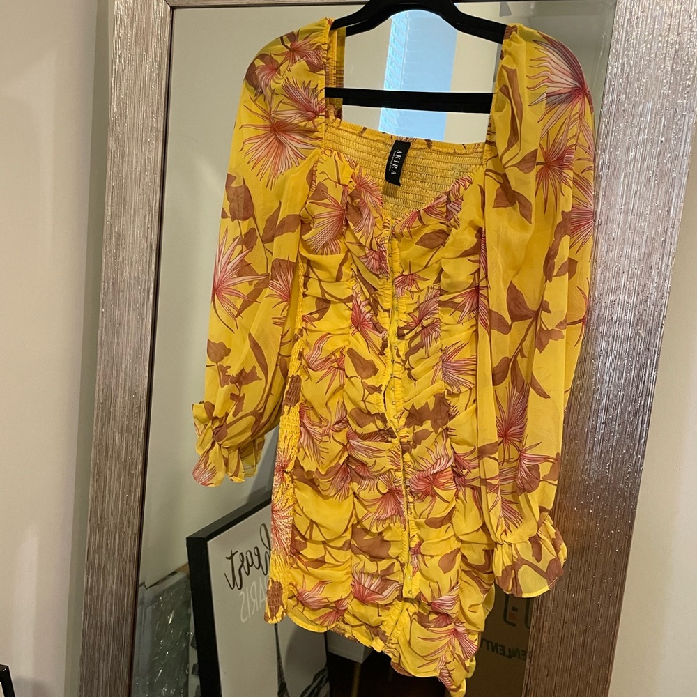 Akira Yellow Floral Ruched long sleeve Mini Dress